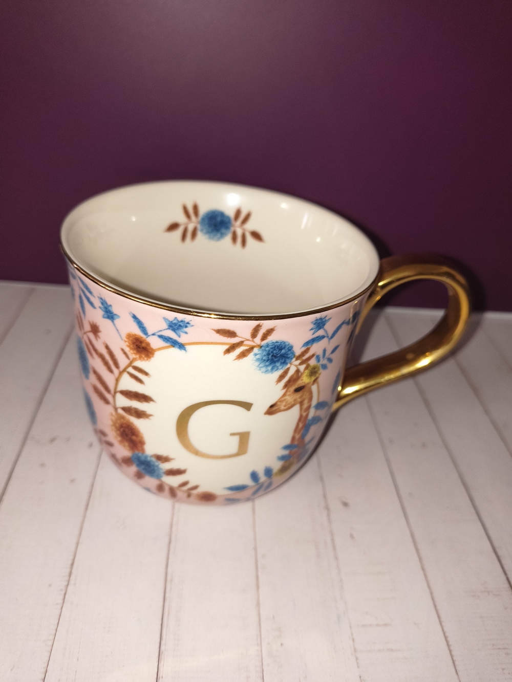 Anthropologie Monogram 'G' Floral Gold-Handle Ceramic Mug - White and Blue